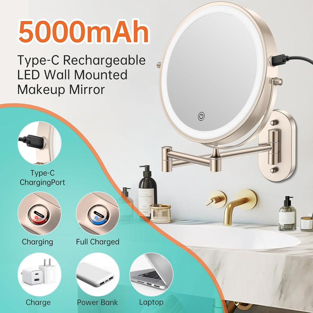 5000mAh Rechargeable Wall Mounted Lighted Makeup Vanity Mirror1X/30X Nickel