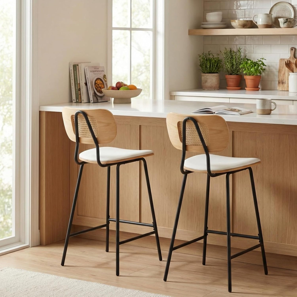 HEAH-YO Rattan Counter Stools Set of 2, 26 Inches Counter Height Bar Stools with Rattan Back and Metal Legs, Faux Leather Kitchen Stools for Island, PU White
