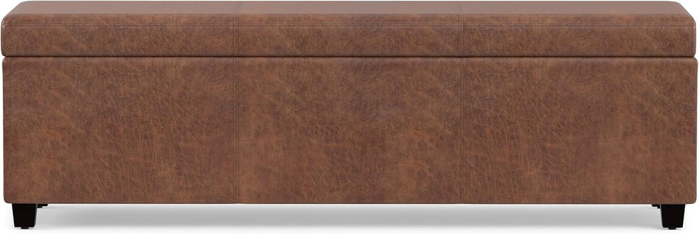 SIMPLIHOME Avalon 48" Wide Vegan Leather Storage Ottoman in Saddle Brown