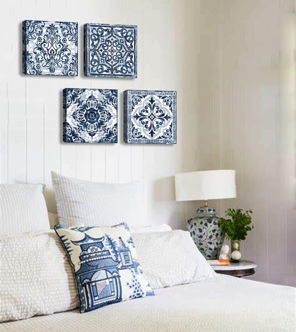 Bathroom Wall Decor Navy Blue Flower Paintings Canvas, 12"Wx12"Hx4 pcs