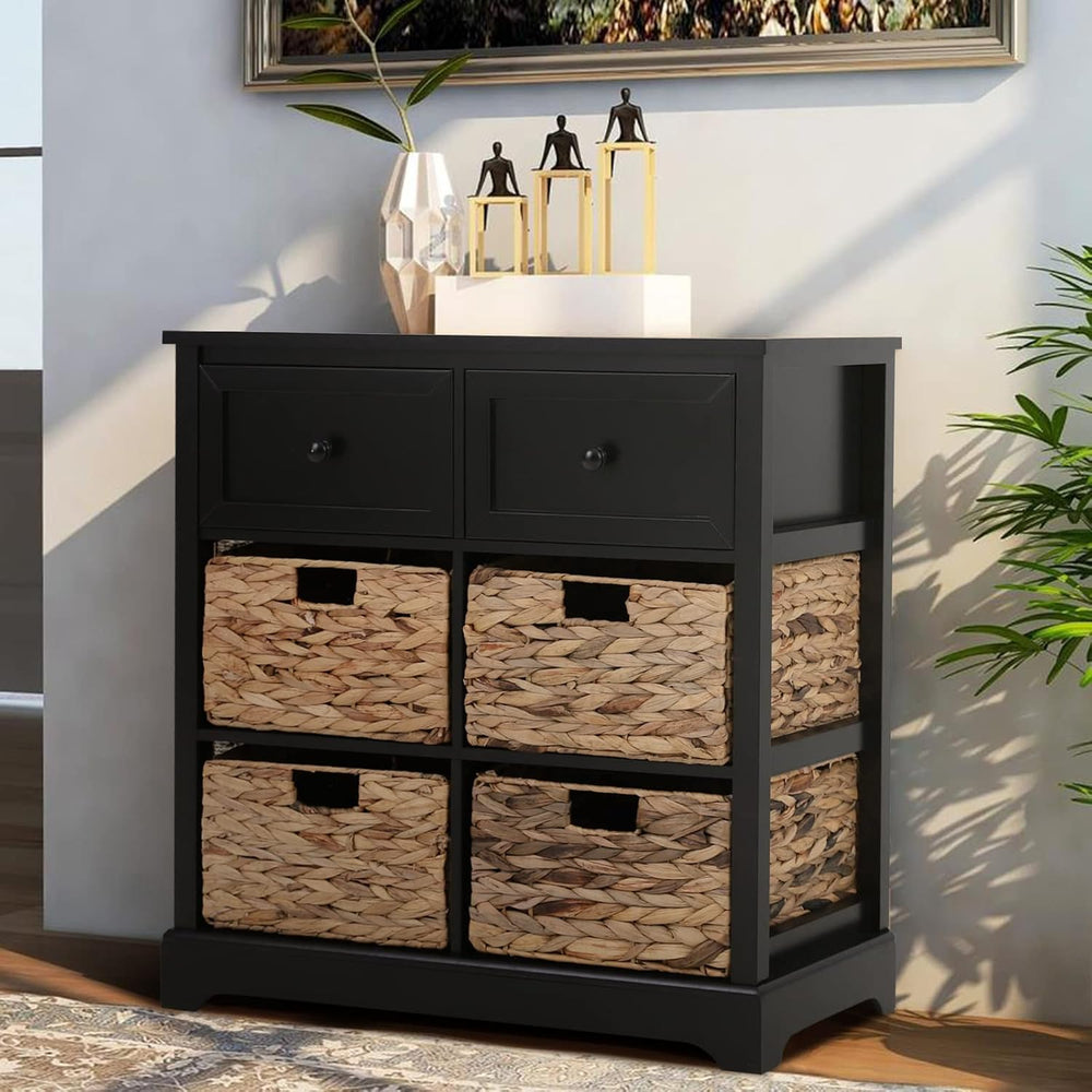 PHI VILLA Black Accent Cabinet with Rattan Basket, Storage Buffet Cabinet