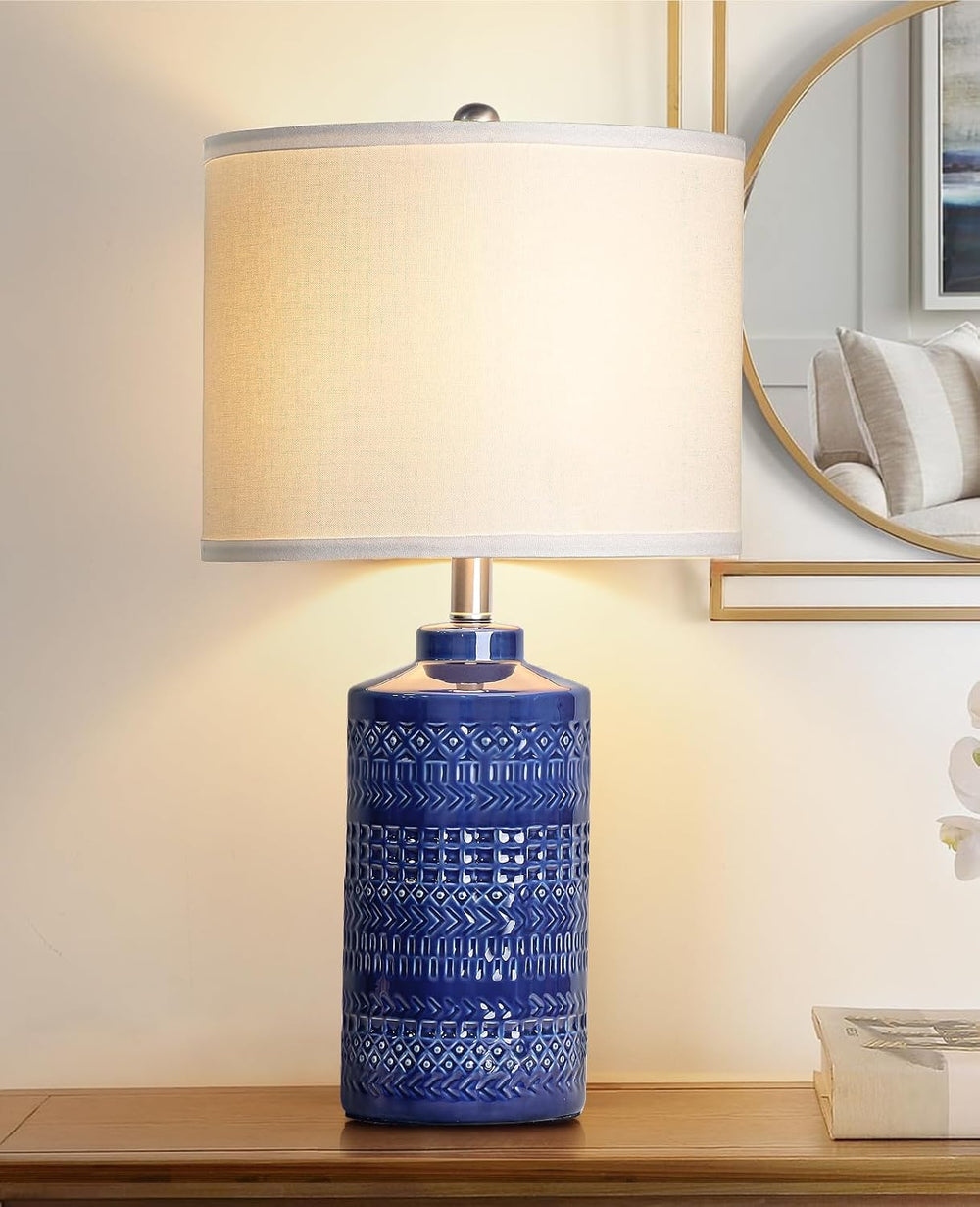 JUNNAI 24.5" Navy Blue Table Lamp Modern Bedside Ceramic Lamps for Livin...