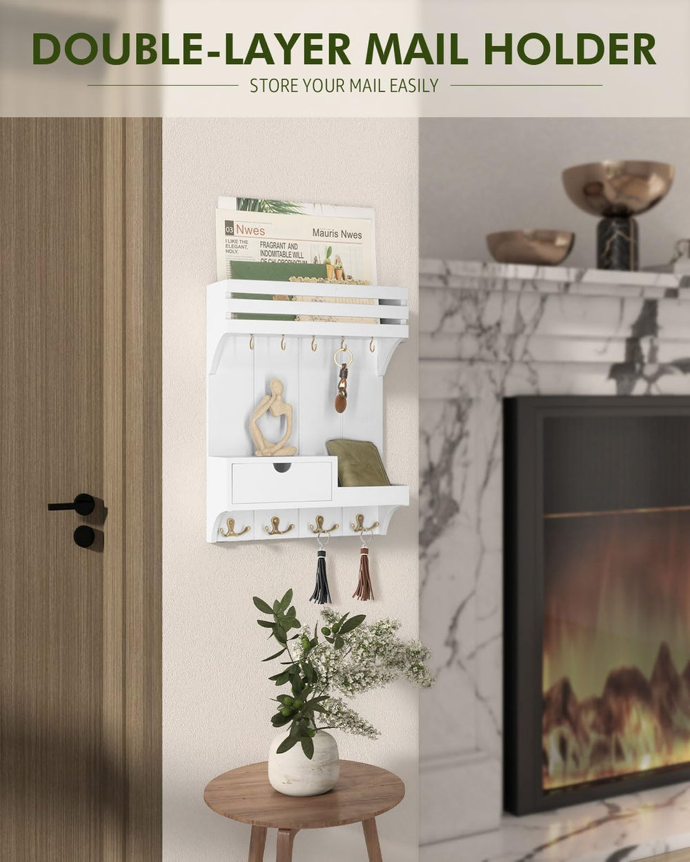 Rebee Vision Key Holder Wall Mount with Drawer & Shelf for Entryway, White