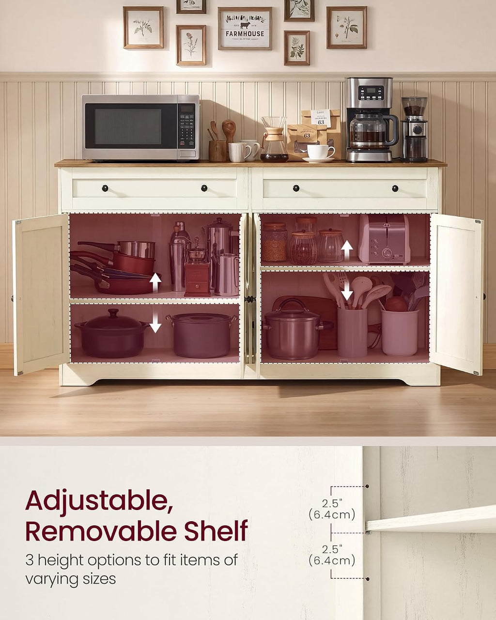 vasagle buffet cabinet, sideboard, 4 doors, 55.1 x, side view