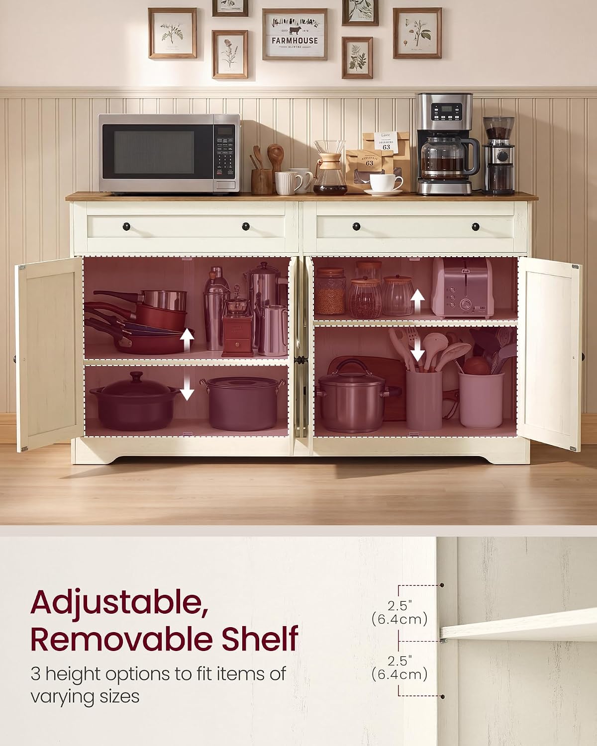vasagle buffet cabinet, sideboard, 4 doors, 55.1 x, side view