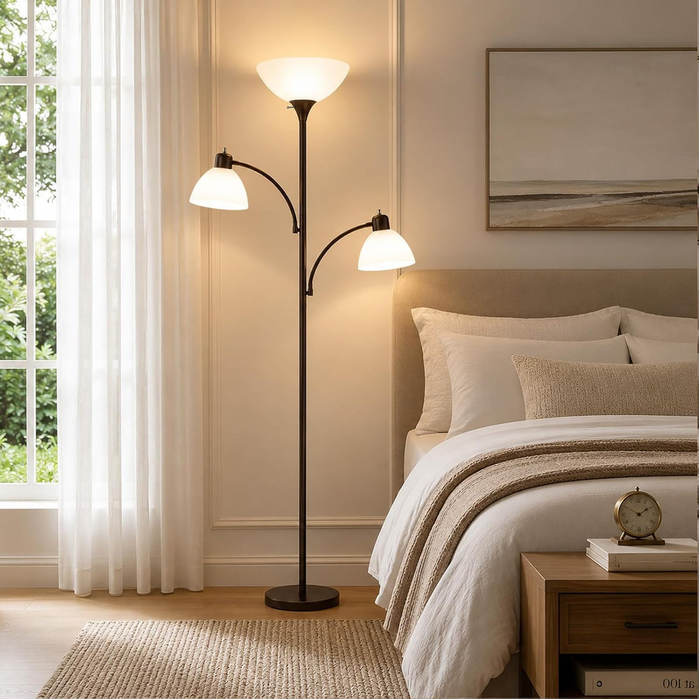 3-Head Torchiere Floor Lamps with 2 Reading Lamp for Living Room-Brown