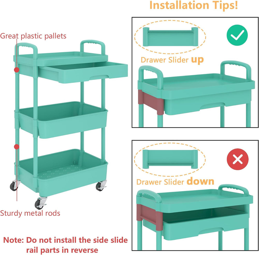 Calmootey 3-Tier Utility Cart with Drawer & Wheels, Storage for Home,Office