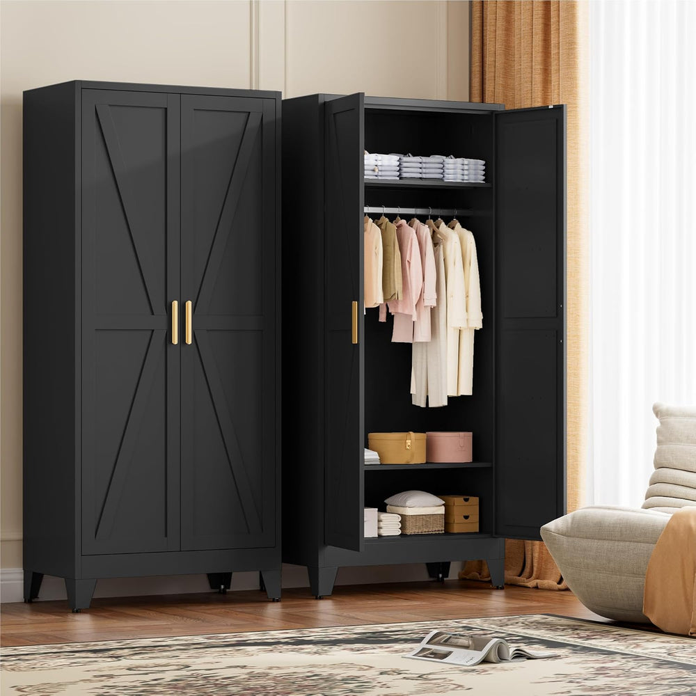 LCAOPC 71" Tall Metal Wardrobe Closet with Adjustable Shelves and Hangin...