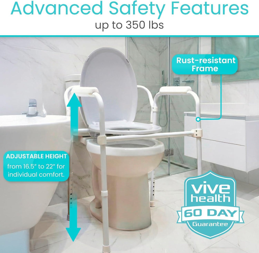 Vive Bedside Commode Toilet Chair (Folding) - 350 lb Capacity, Safety Rail, S...
