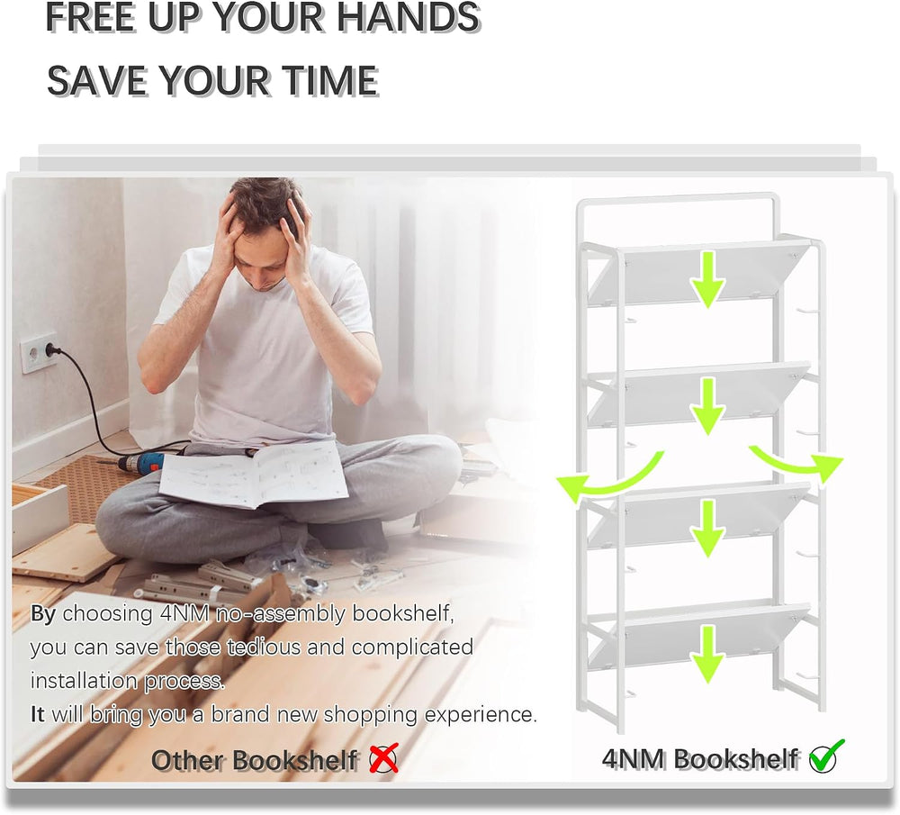 4NM No Assembly Folding Bookshelf Book Shelves, 4-Tier 54"" H Colla...