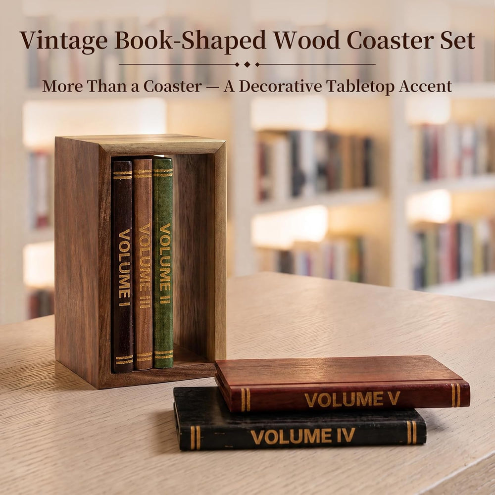 5 Pack Acacia Wood Drink Coasters with Holder for Coffee Table Decor