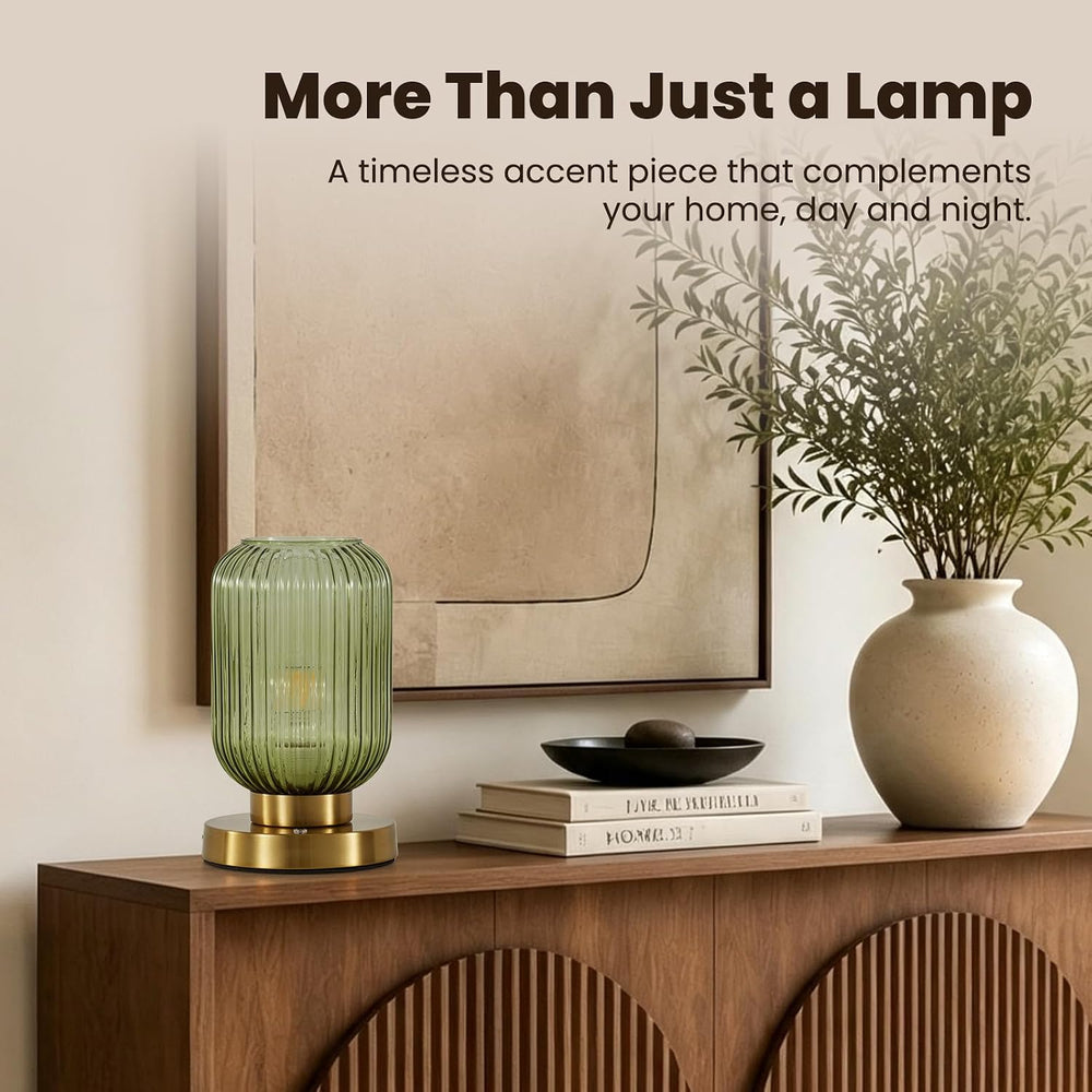 6" MCM Cordless Rechargeable Green Glass Table Lamp, Touch Dimmable
