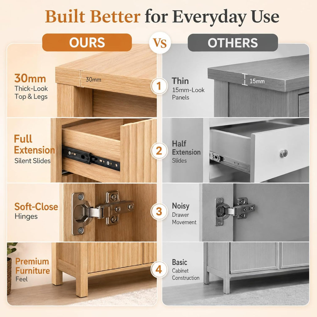 VINGLI Bathroom Storage Cabinet with 3 Drawers & Door, Slim Freestanding Floor Cabinet Organizer for Small Spaces, 30mm Thick-Look Top & Legs, Adjustable Shelf, Modern Fluted Cabinet, Natural Oak