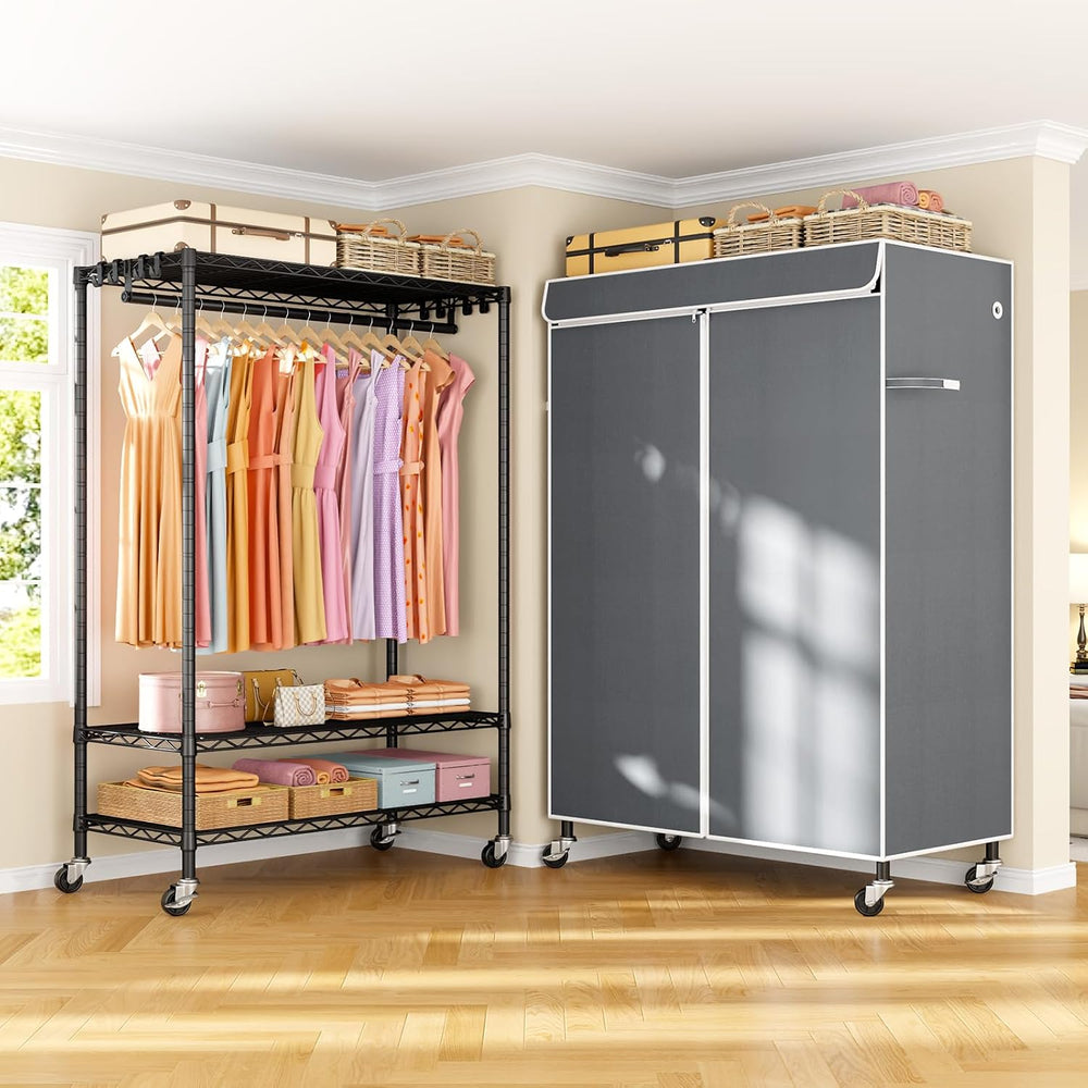 ULIFHOME P6C Plus Rolling Clothes Rack with Cover, Covered Clothing Rack