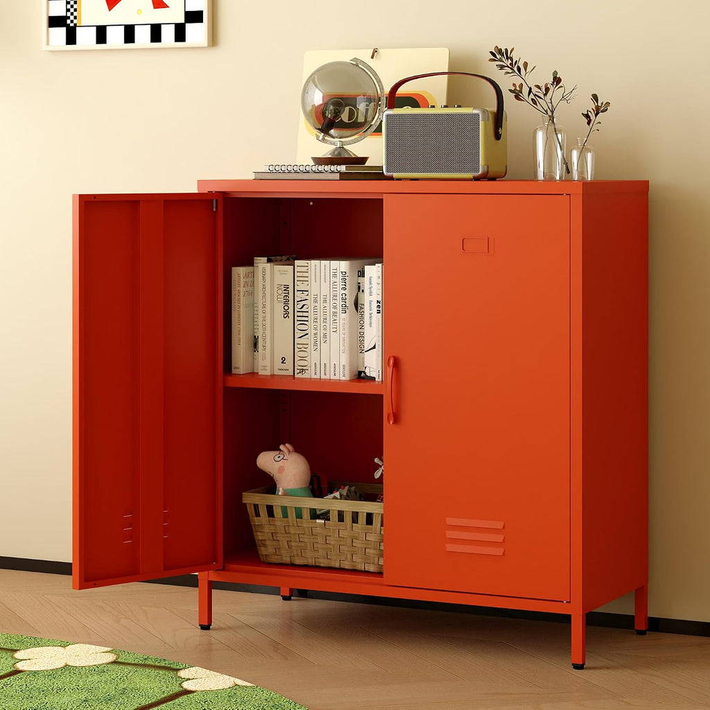 Metal Storage Cabinet with Adjustable Shelves & Magnetic Doorstops, 2-Door Metal Side Cabinet, Storage Cabinets for Living Room Kitchen Office,Orange