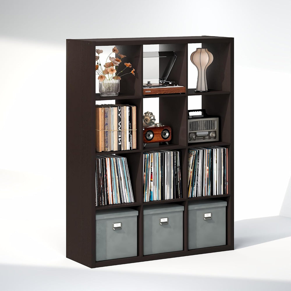 Furinno Cubicle Record Player Stand, 12-Cube Record Storage, Dark Oak