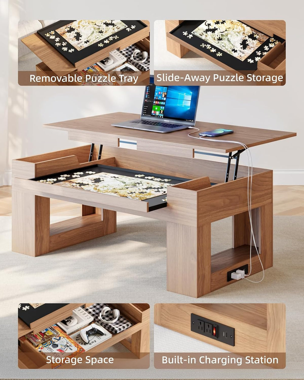 Lift Top Coffee Table with Puzzle Tray, Modern Wood Center Table with Hidden ...