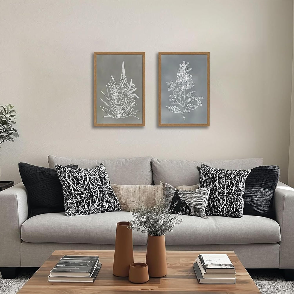 2pcs Framed Boho Botanical Wall Art Vintage Neutral Floral Canvas 12x16in