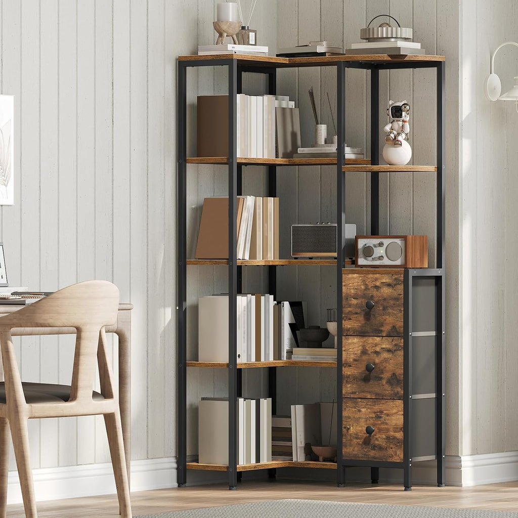 YATINEY Corner Bookshelf, 5-Tier L-Shaped Bookcase with 3 Fabric Drawers, Storage Display Shelf, Freestanding Tall Open Shelf, for Living Room, Bedroom, Home Office, Rustic Brown SJ12BR