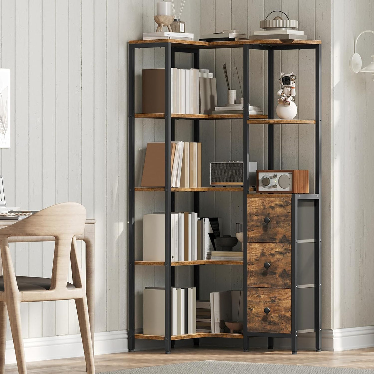 YATINEY Corner Bookshelf, 5-Tier L-Shaped Bookcase with 3 Fabric Drawers, Storage Display Shelf, Freestanding Tall Open Shelf, for Living Room, Bedroom, Home Office, Rustic Brown SJ12BR