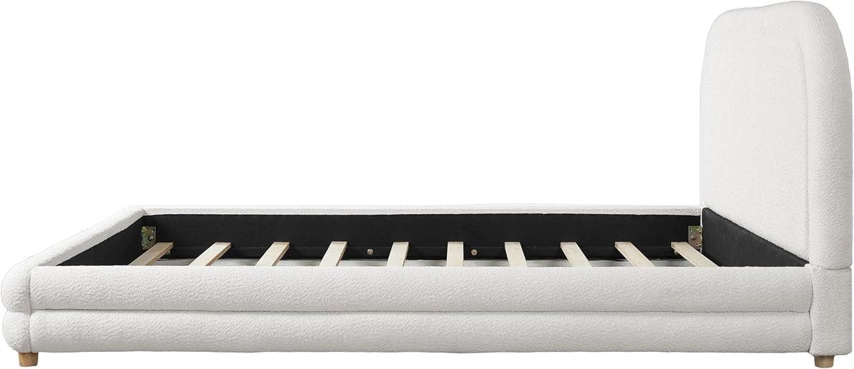 Virubi Queen Size Boucle Upholstered Bed Frame with Boucle Upholstered Thick Curved Headboard, Modern Half-Round Design Platform Bed with Solid Wood Legs, White (Queen)