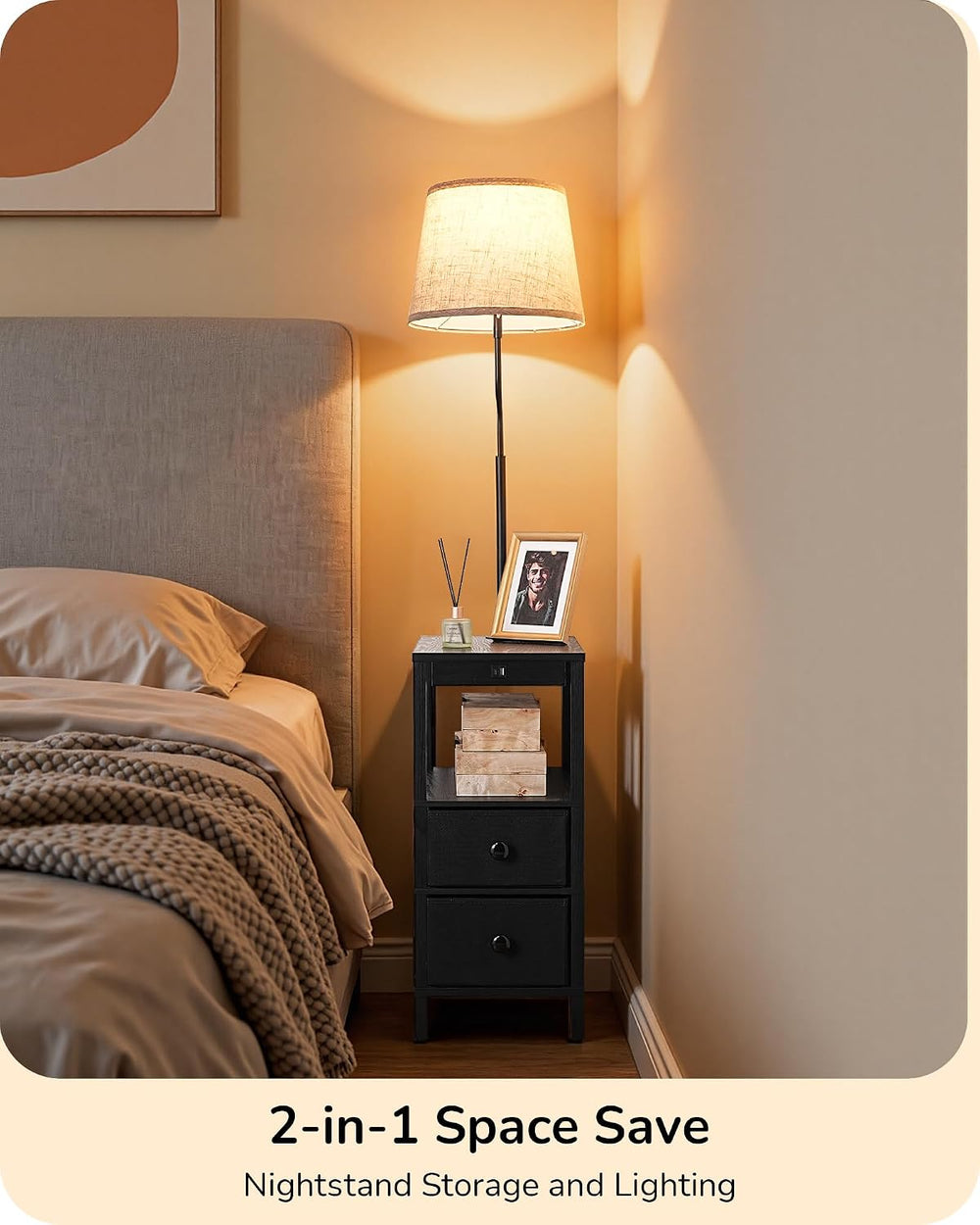 EDISHINE Floor Lamp with Table, Dimmable USB-A+Type-C Ports, Remote, Black