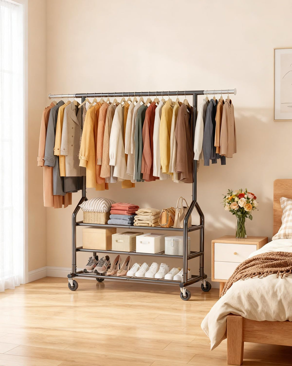 EAGMAK Heavy Duty Clothing Rack, Rolling Clothes Rack with 3 Shelves, Black