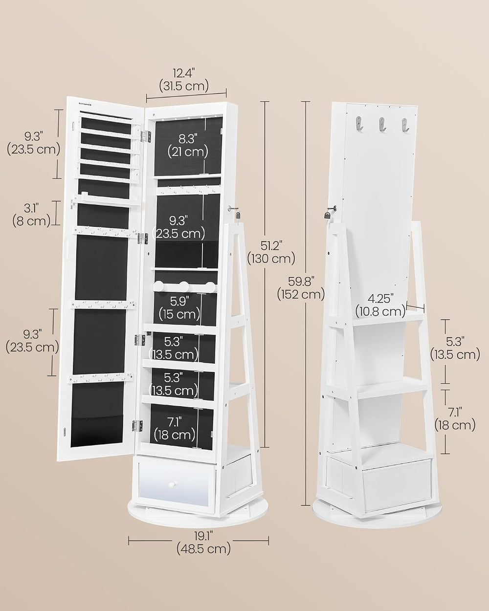 SONGMICS LED Jewelry Organizer, Full Length Mirror with Storage, Rotating