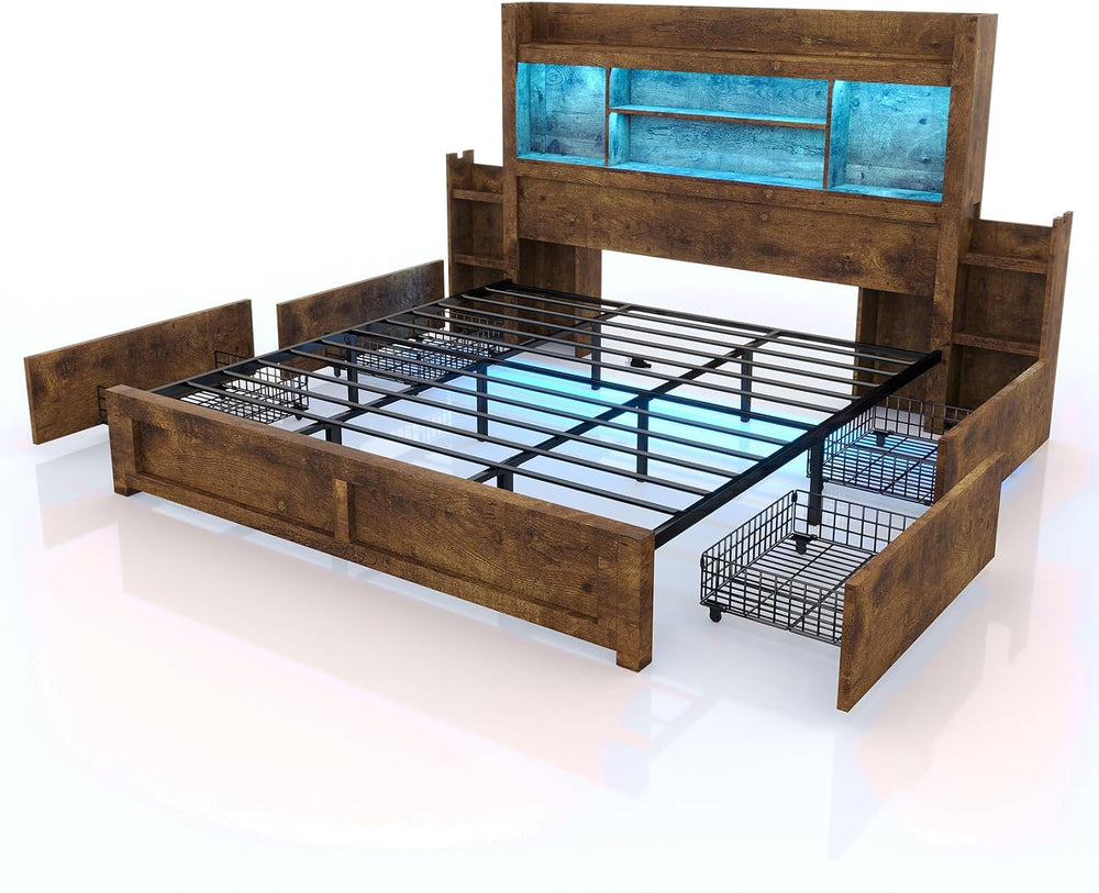 LUXOAK King Size Bed Frame with Bookcase Headboard & Storage, Rustic Brown