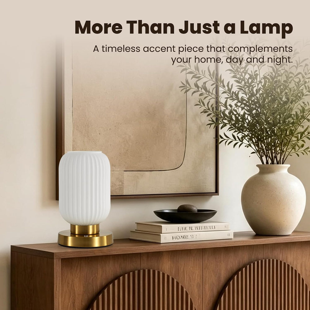 6" MCM Cordless Rechargeable White Glass Table Lamp, Touch Dimmable