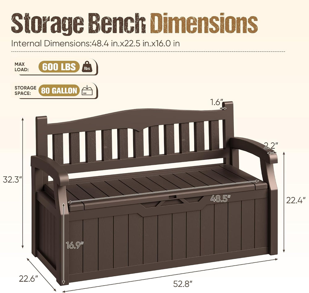 80-Gallon Outdoor Storage Bench, Waterproof Deck Box with Lockable Lid & ...