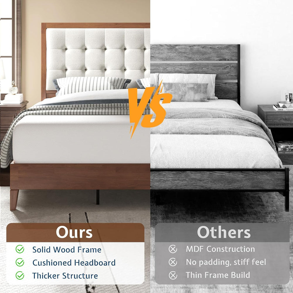 Jocisland Solid Wood King Bed Frame, 50" Tall Upholstered Headboard,Walnut