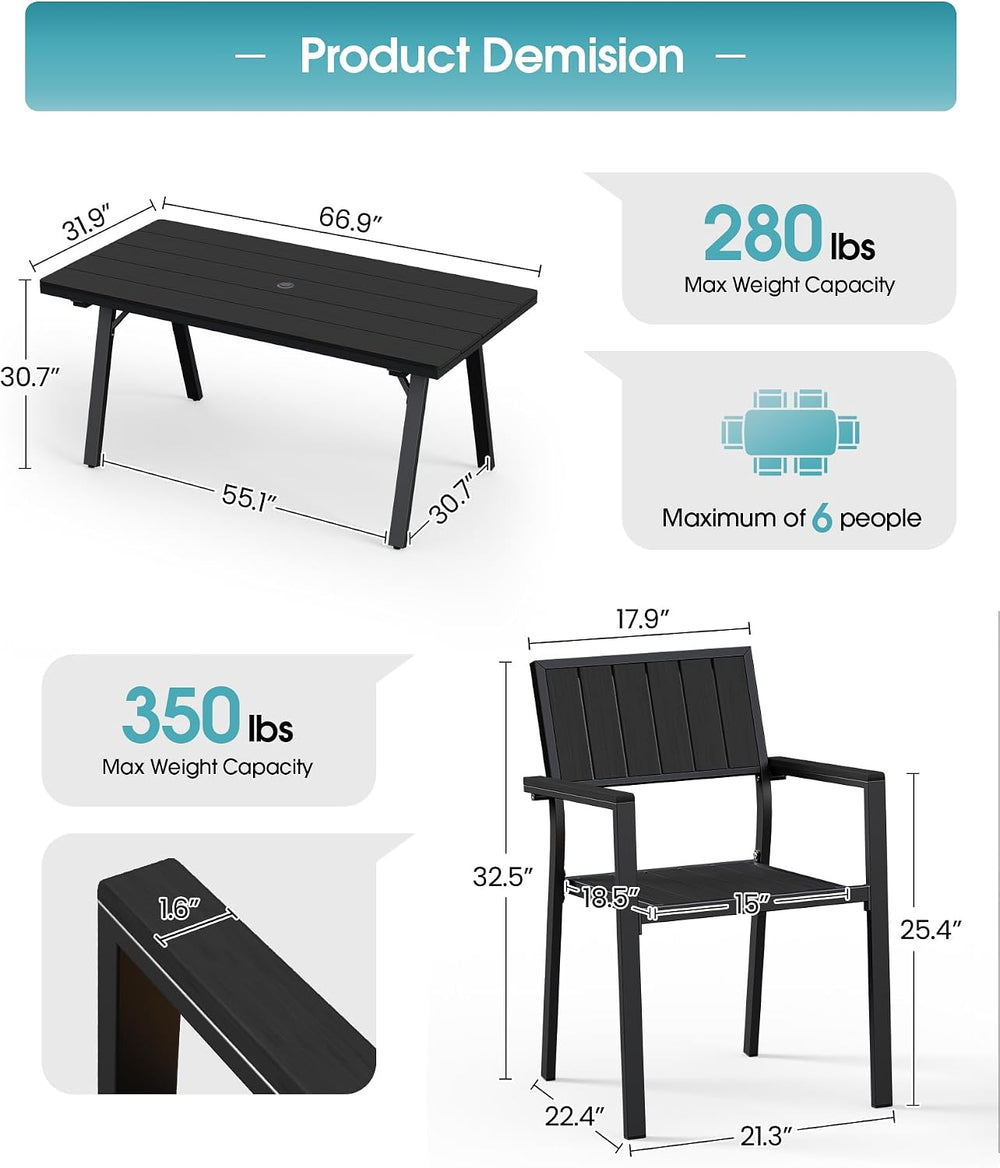 Aluminum Outdoor Dining Set of 6, Patio Table and Stackable Chairs, Black