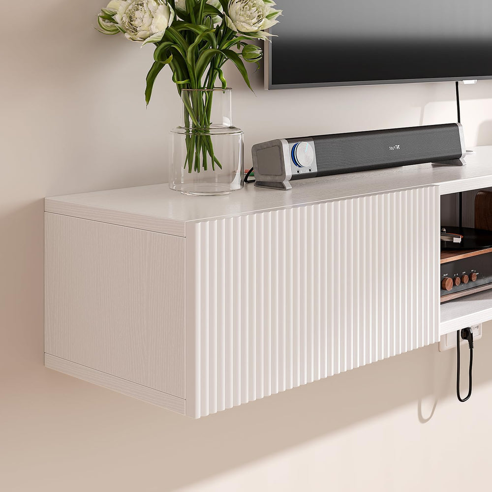 Plywood Floating TV Stand with Fluted Doors,White,55 inch