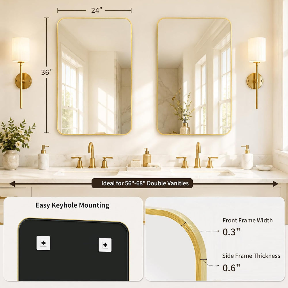 2-Pack 24x36 Inch Brushed Gold Rounded Rectangle Vanity Mirrors