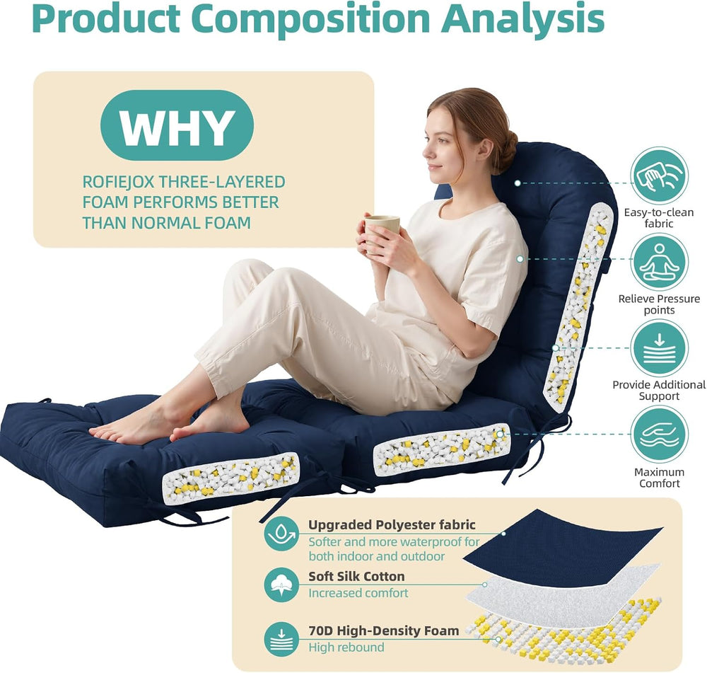 Rocking Chair Cushion Set with Ottoman Pad 4-in Thick, Dark Blue