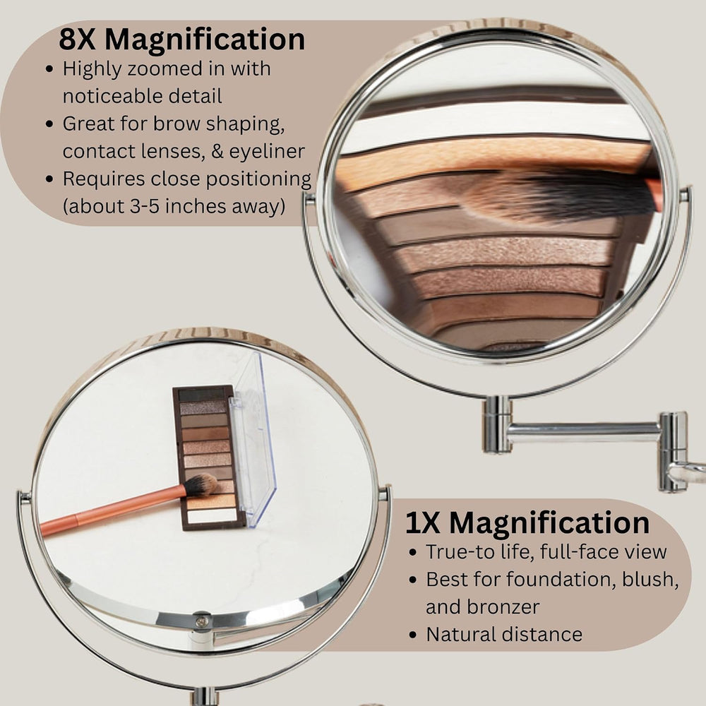 JERDON Wall-Mounted Makeup Mirror - 8X Magnification - Chrome - JP7808C