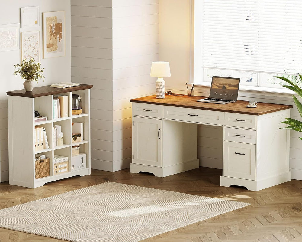 OffiGo 9 Cube Organizer Bookcase, Cube Shelf with Storage, Walnut + White