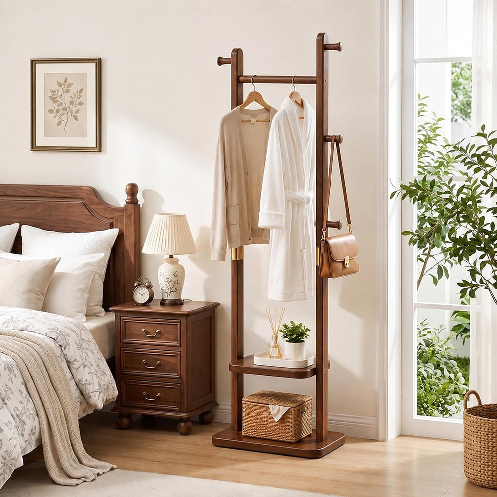Taitiy Solid Wood Coat Rack Freestanding Clothes Rack 5 Hooks 2 Shelves
