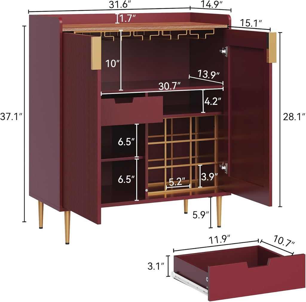 ARTPOWER Coffee Bar Cabinet with Wine Rack&Glass Holder, Red