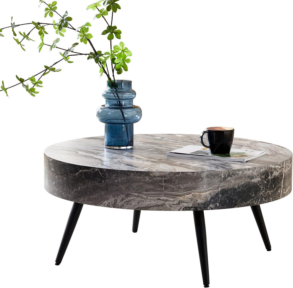Round Coffee Table, Small Wood Marble Coffee Table with Metal Legs, Modern Mi...