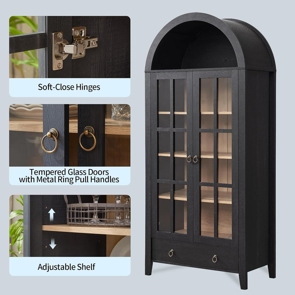 RowyPoey 71" Tall Arched Cabinet Bookshelf with Glass Door & Storage Drawer