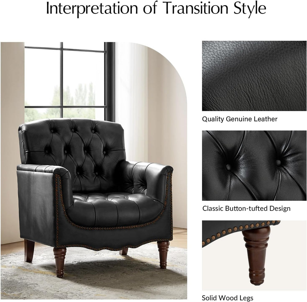 HULALA HOME Mid Century Modern Genuine Leather Accent Chair, Black