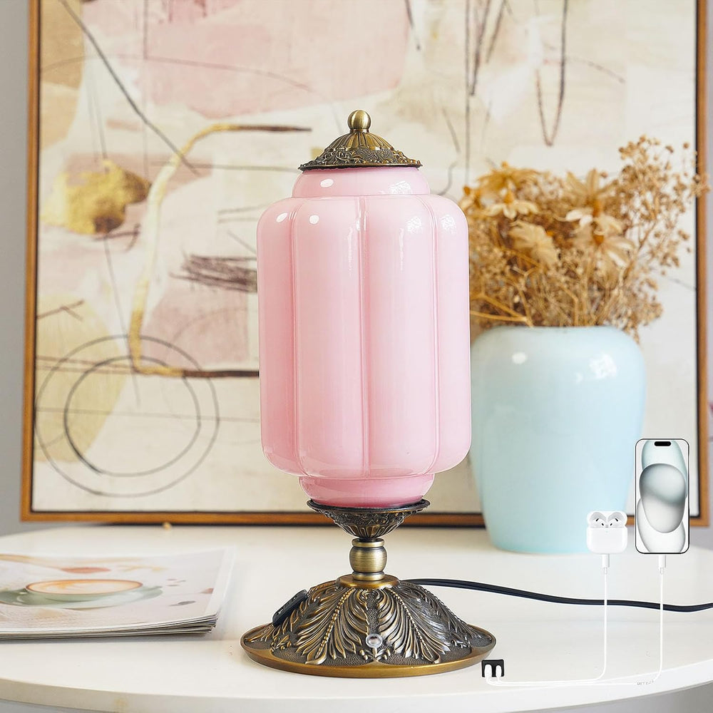 Vintage Pink Milk Glass Touch Bedside Lamp, 3-Way Dimmer, USB-C+A