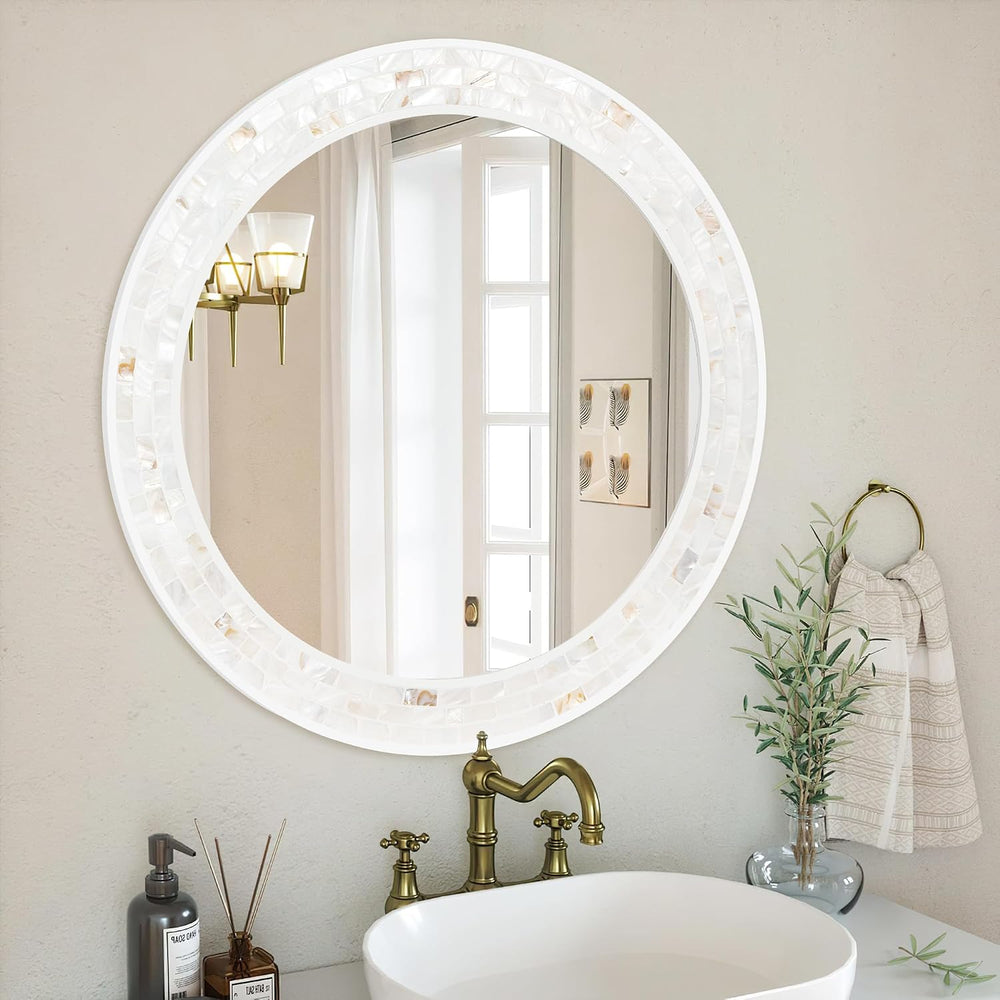 24 Inch Round Bathroom Mirror, Coastal Shell Framed Wall Decor