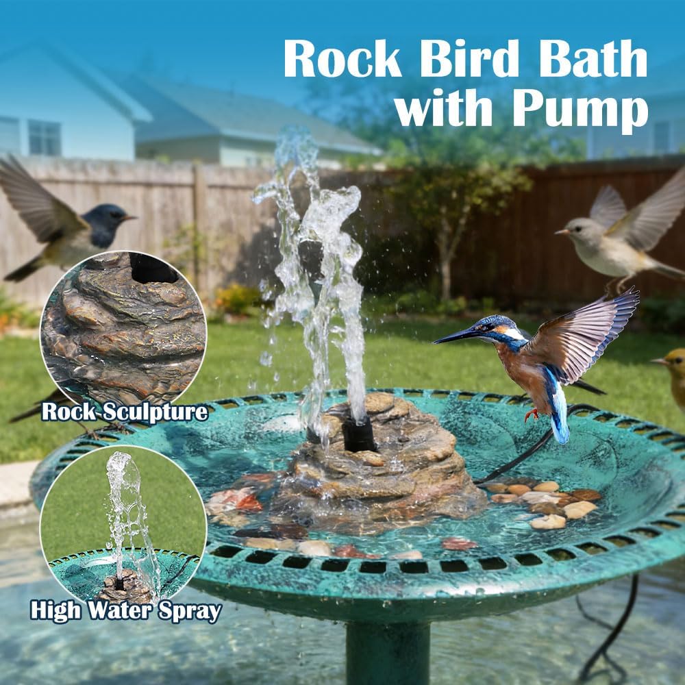 Bird Bath Fountain, Resin Granite with 9.8ft Long Wired Pump for Outdoor Gard...