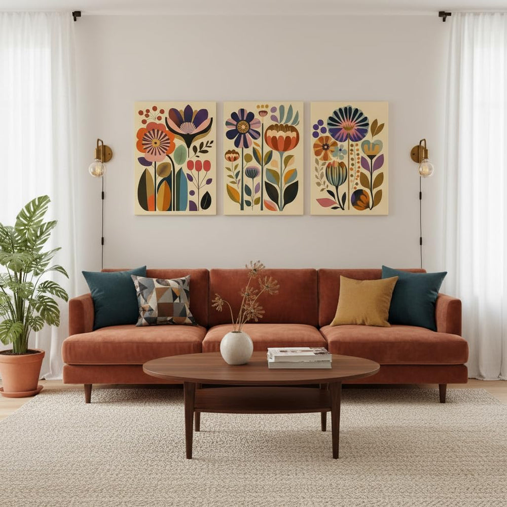 XIGBAWAN 3 Pcs Boho Floral Canvas Wall Art,Scandinavian Flower Wall Decor
