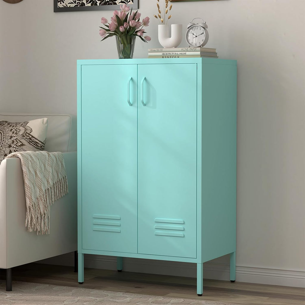 IRONFFICE Metal Accent Cabinet, Steel Cabinet Organizers and Storage, Metal Cabinet with Adjustable Shelves, 2 Doors Storage Cabinet for Living Room, Hallway, Office, Blue