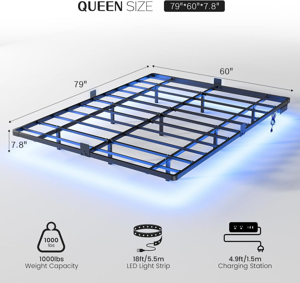 OLEVS Floating Bed Frame Queen Size Metal with LED Light & Charging Station