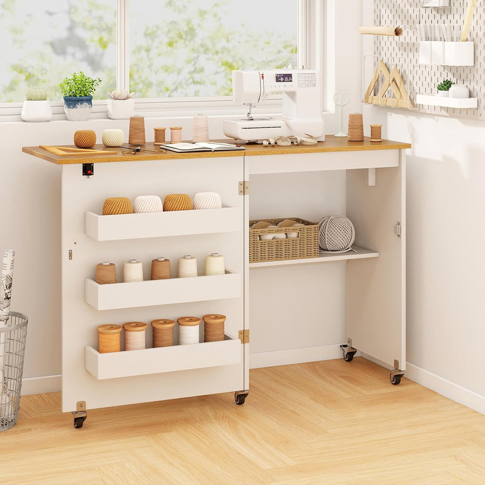 COSTWAY Folding Sewing Table with Charging Station, White & Natural